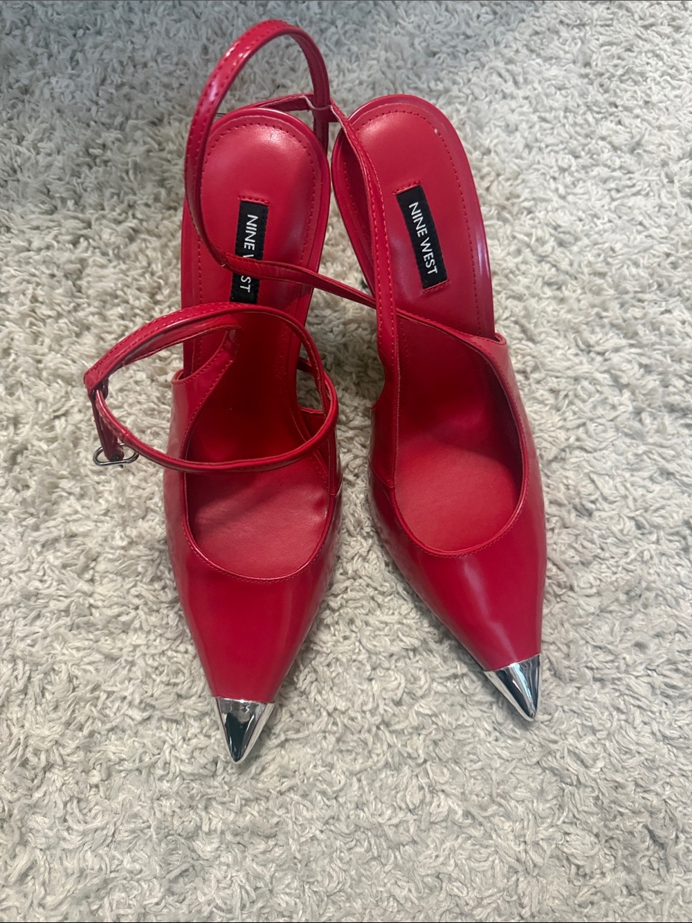 Nine West Red Pointed Slingback Pumps with Silver Toe Cap/ankle strap